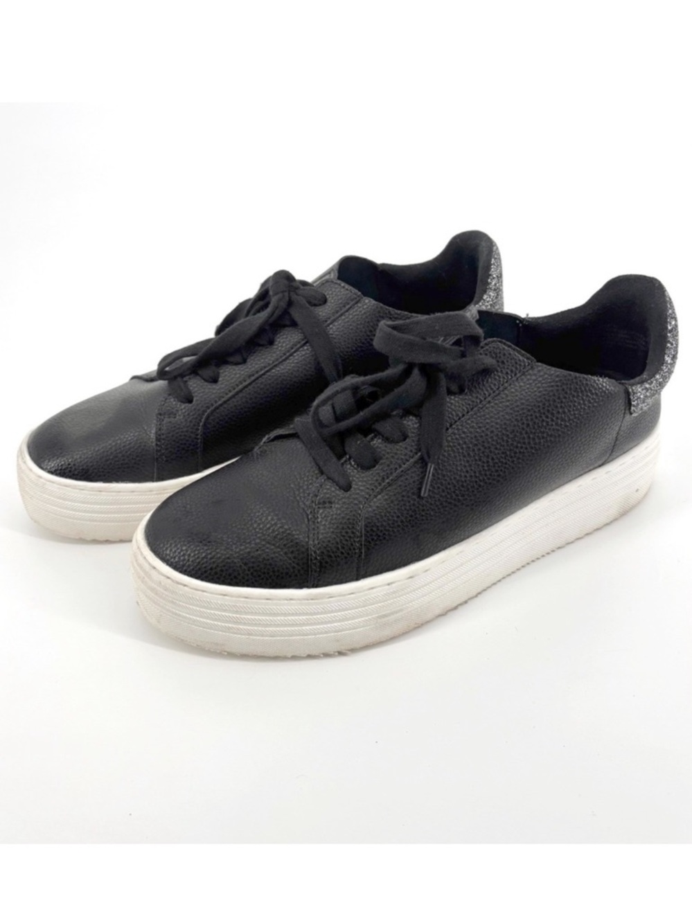 Joy Platform Comfort Leather Sneakers Size 10W Black White Glitter Heel Casual